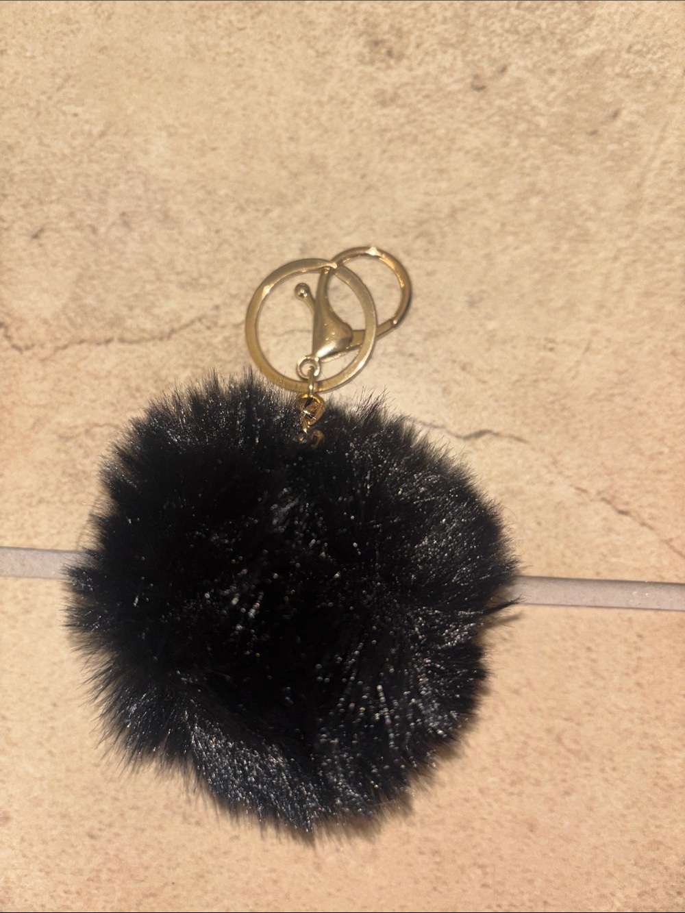 Black Faux Fur Pom Keychain with Gold Hardware